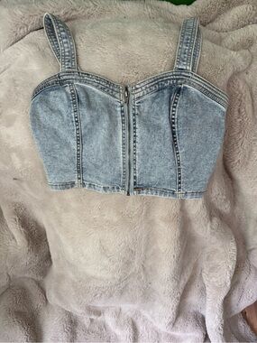 Light Wash Denim Zip Front Cropped Bustier by Wild Fabel
